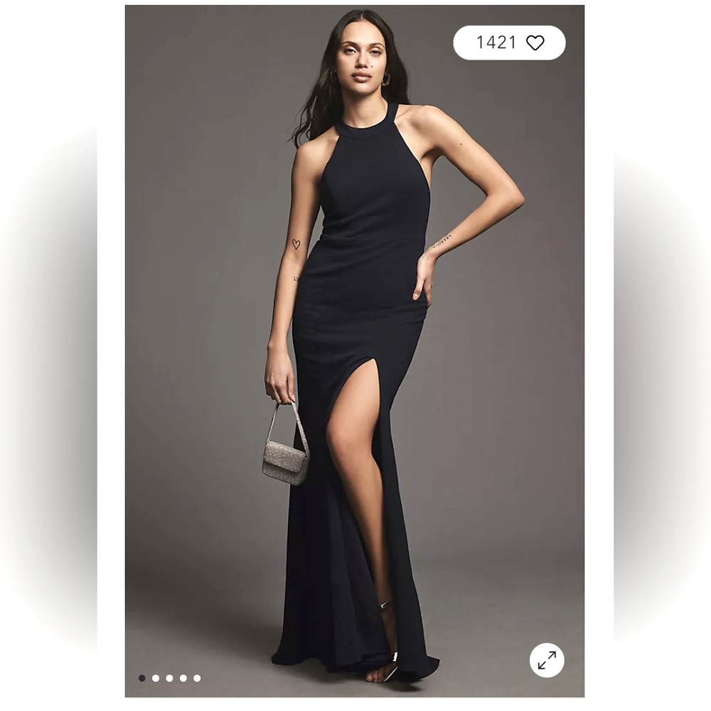 NWT BHLDN Juliana hi neck gown with  low back high slit heavy crepe size 0